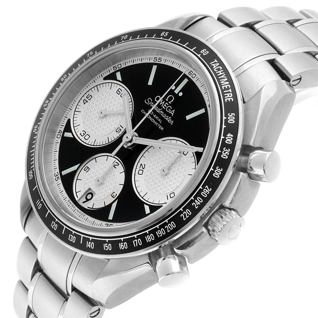 The Omega Speedmaster 326.30.40.50.01.002 Men
s Stainless Steel Black Dial 326.30.40.50.01.002 Men
s Stainless Steel Black Dial watch is shown at an angled close-up view, displaying its face, tachymeter bezel, crown, and chronograph pushers.
