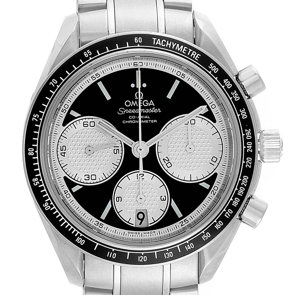 This Omega Speedmaster 326.30.40.50.01.002 Men
s Stainless Steel Black Dial 326.30.40.50.01.002 Men
s Stainless Steel Black Dial watch is shown from a frontal angle, displaying its black dial, chronograph subdials, and stainless steel bracelet.