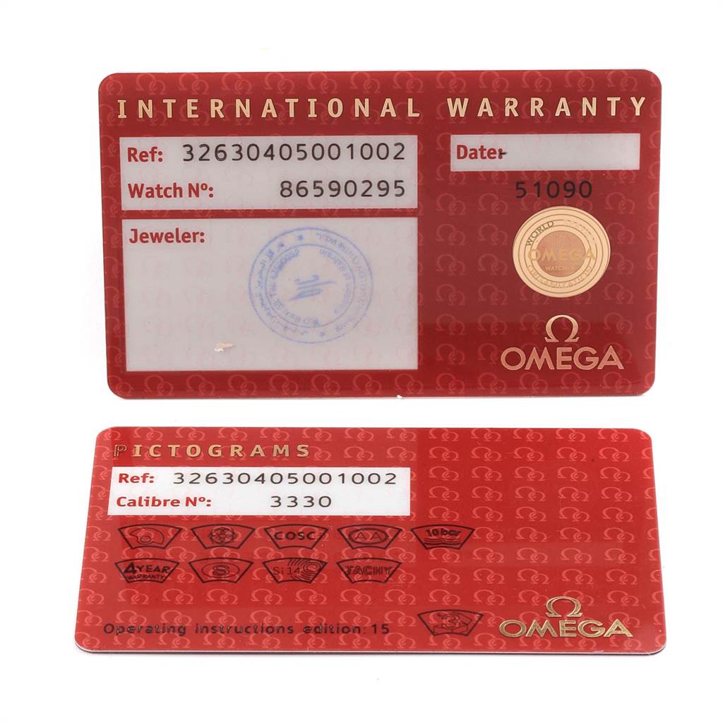 The image shows two warranty and pictogram cards for the Omega Speedmaster 326.30.40.50.01.002 Men
s Stainless Steel Black Dial 326.30.40.50.01.002 Men
s Stainless Steel Black Dial watch.