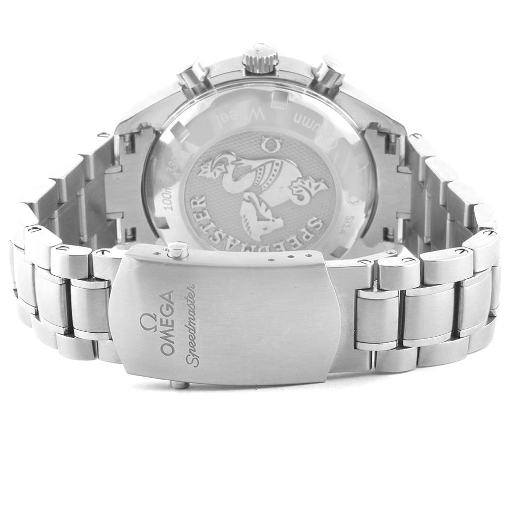 The image shows the back case and clasp of an Omega Speedmaster 326.30.40.50.01.002 Men
s Stainless Steel Black Dial 326.30.40.50.01.002 Men
s Stainless Steel Black Dial watch, highlighting the engraved logo and brand name.