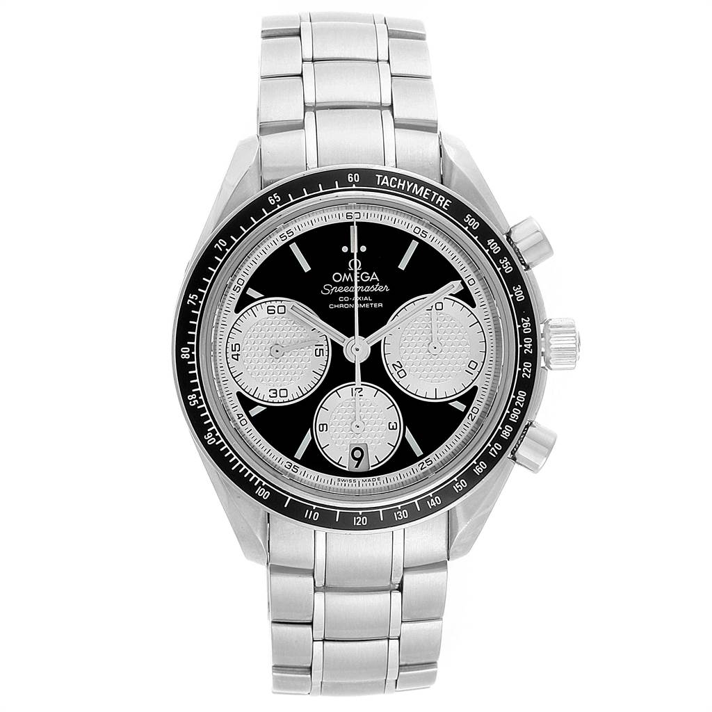 This Omega Speedmaster 326.30.40.50.01.002 Men
s Stainless Steel Black Dial 326.30.40.50.01.002 Men
s Stainless Steel Black Dial watch is shown from a front view, displaying its face, dial, and stainless steel bracelet.