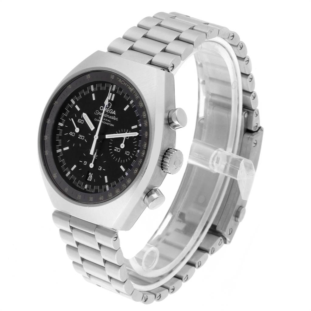 The image shows a side angle of the Omega Speedmaster 327.10.43.50.01.001 Men
s Stainless Steel Black Dial 327.10.43.50.01.001 Men
s Stainless Steel Black Dial watch, highlighting its bezel, crown, pushers, and bracelet. 