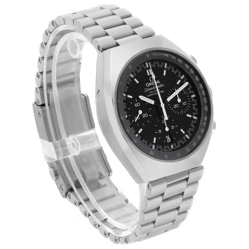 The Omega Speedmaster 327.10.43.50.01.001 Men
s Stainless Steel Black Dial 327.10.43.50.01.001 Men
s Stainless Steel Black Dial watch is shown at a three-quarter angle, highlighting its dial, bezel, and metal bracelet.