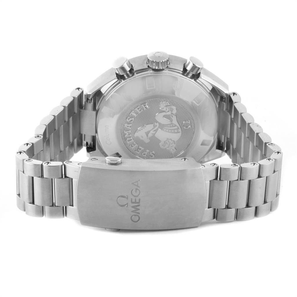 The image shows the back casing and metal bracelet of an Omega Speedmaster 327.10.43.50.01.001 Men
s Stainless Steel Black Dial 327.10.43.50.01.001 Men
s Stainless Steel Black Dial watch from a rear angle.