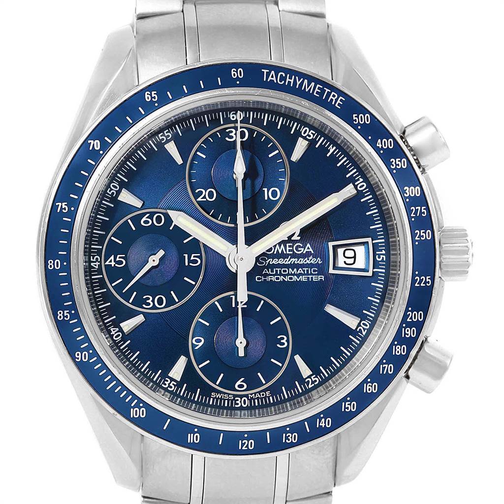 The image shows a frontal close-up of an Omega Speedmaster 3212.80.00 Men
s Stainless Steel Blue Dial 3212.80.00 Men
s Stainless Steel Blue Dial watch, displaying the dial, tachymeter, and chronograph subdials.