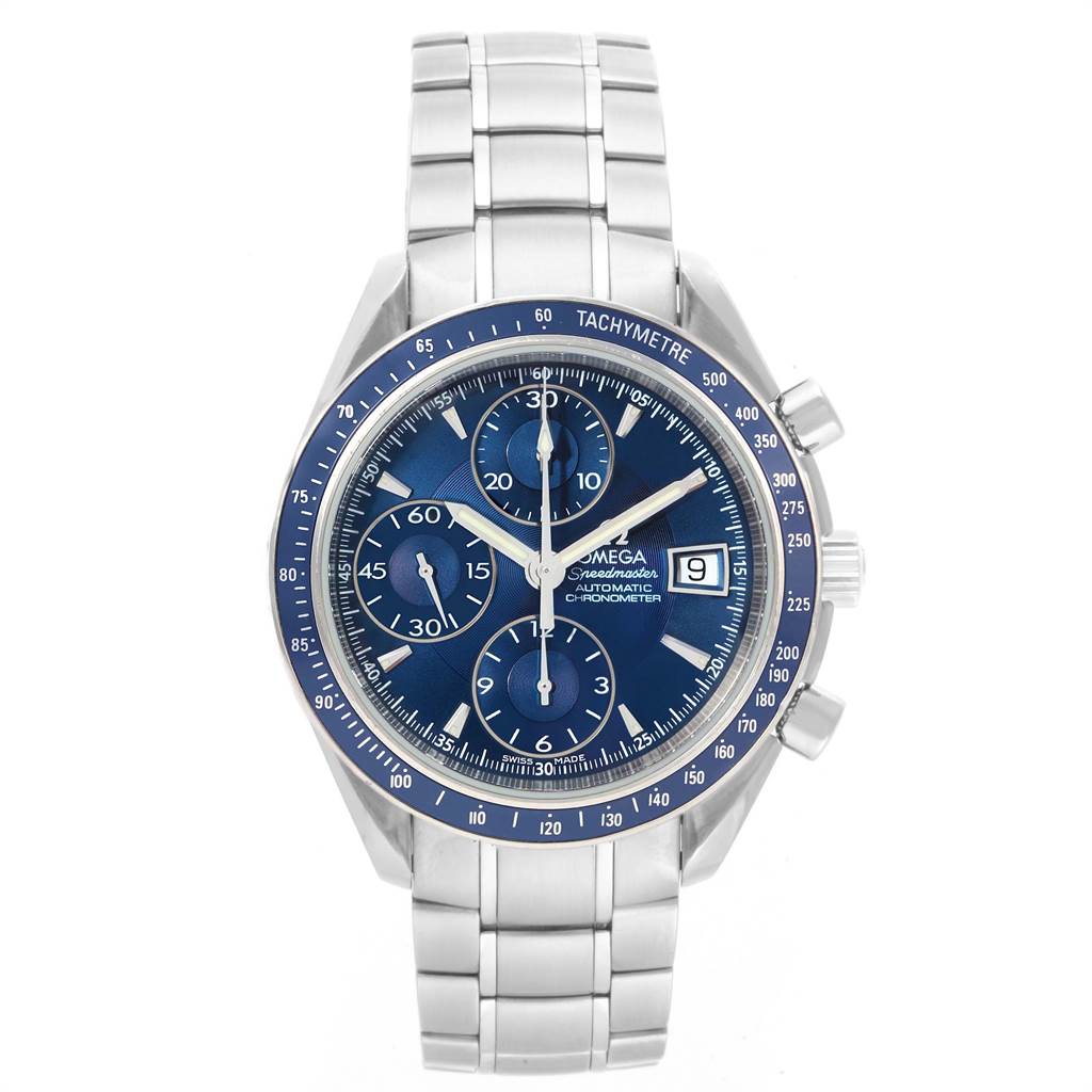 The Omega Speedmaster 3212.80.00 Men
s Stainless Steel Blue Dial 3212.80.00 Men
s Stainless Steel Blue Dial watch is shown from the front, displaying its face, date window, and stainless steel bracelet.