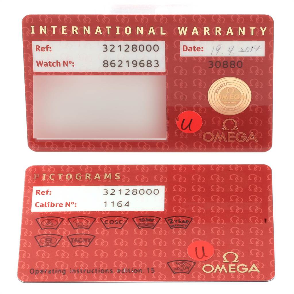 The image shows an Omega Speedmaster 3212.80.00 Men
s Stainless Steel Blue Dial 3212.80.00 Men
s Stainless Steel Blue Dial
s international warranty card and pictograms card flat on a surface.