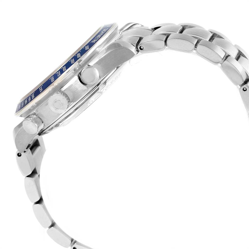 The image shows a side view of the Omega Speedmaster 3212.80.00 Men
s Stainless Steel Blue Dial 3212.80.00 Men
s Stainless Steel Blue Dial, including the case, crown, pushers, and part of the metal bracelet.