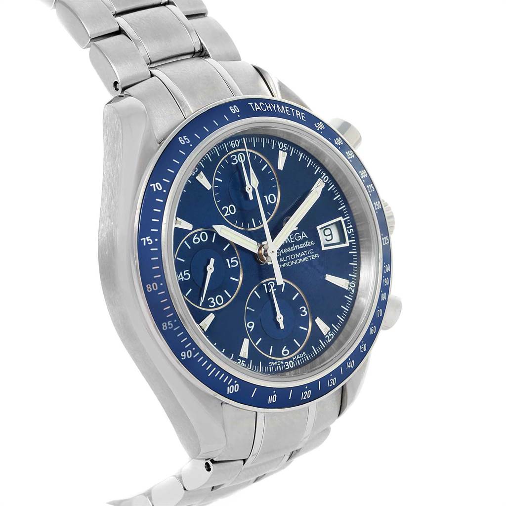 The Omega Speedmaster 3212.80.00 Men
s Stainless Steel Blue Dial 3212.80.00 Men
s Stainless Steel Blue Dial watch is shown from an angled front view, highlighting its blue dial, chronograph subdials, tachymeter, and metal bracelet.