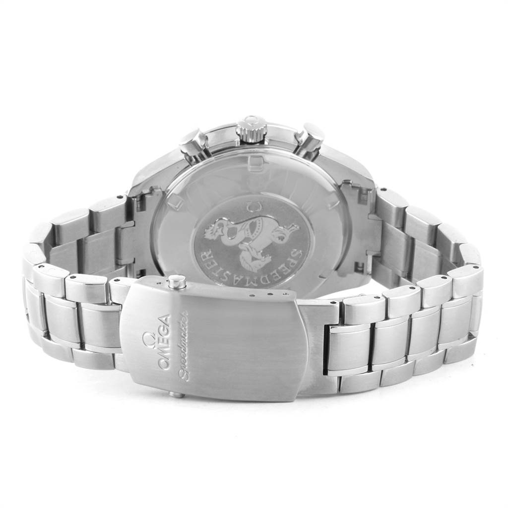 The image shows the back case and bracelet of an Omega Speedmaster 3212.80.00 Men
s Stainless Steel Blue Dial 3212.80.00 Men
s Stainless Steel Blue Dial watch, displaying the clasp and engraved case back.