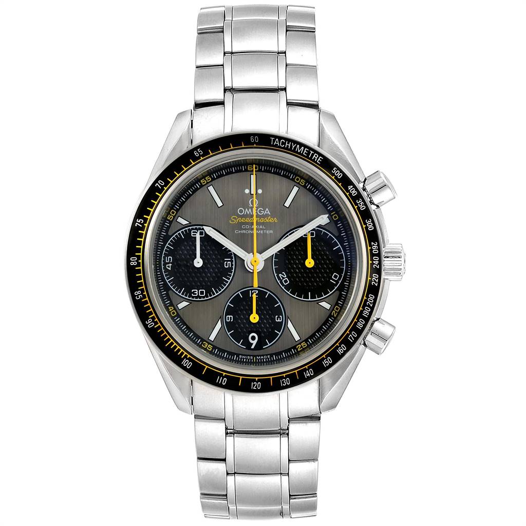 The Omega Speedmaster 326.30.40.50.06.001 Men
s Stainless Steel Grey Dial 326.30.40.50.06.001 Men
s Stainless Steel Grey Dial watch is shown from a front angle, displaying its face, bezel, and stainless steel bracelet.