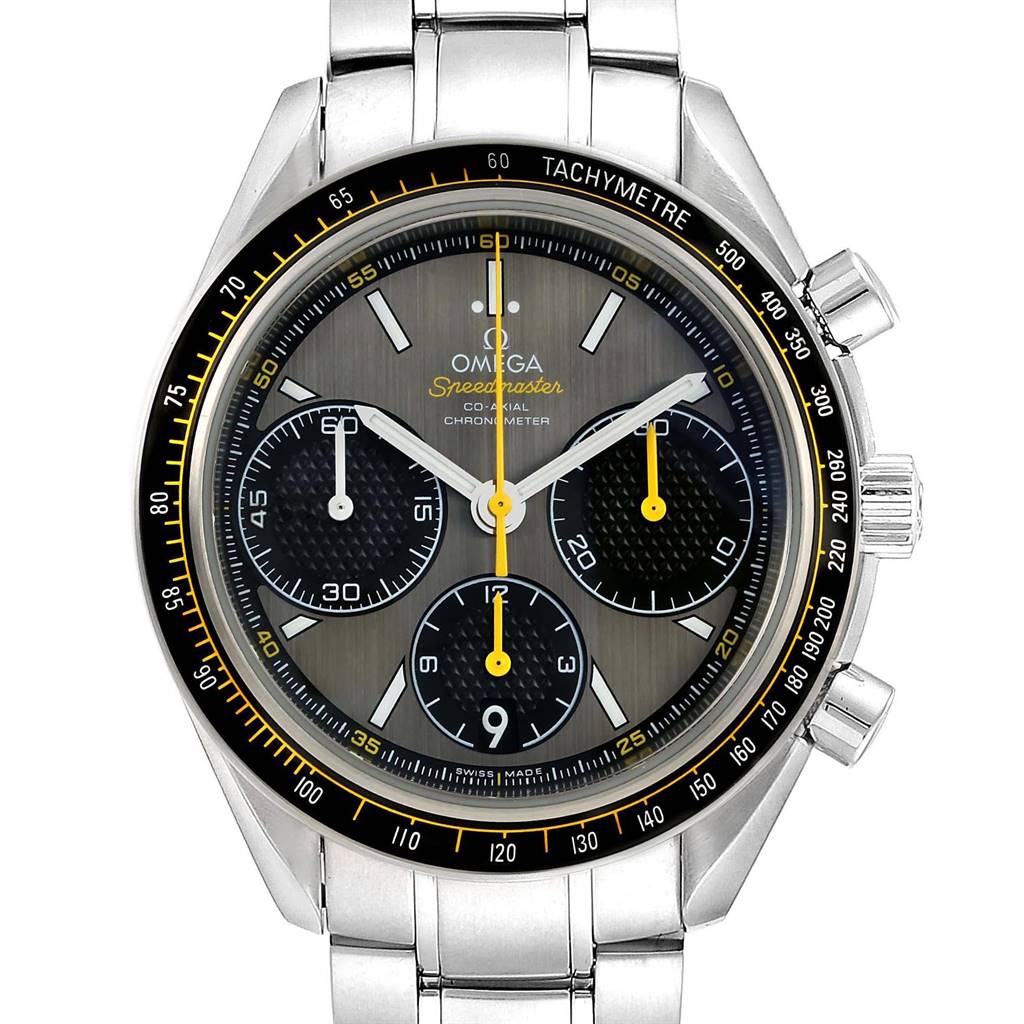 The image shows a front view of an Omega Speedmaster 326.30.40.50.06.001 Men
s Stainless Steel Grey Dial 326.30.40.50.06.001 Men
s Stainless Steel Grey Dial watch, highlighting its face, bezel, and part of the stainless steel bracelet.