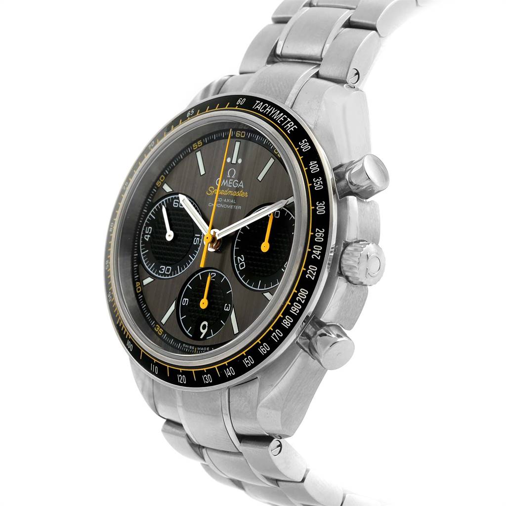 This image shows an angled view of an Omega Speedmaster 326.30.40.50.06.001 Men
s Stainless Steel Grey Dial 326.30.40.50.06.001 Men
s Stainless Steel Grey Dial watch, highlighting the face, bezel, crown, and bracelet.