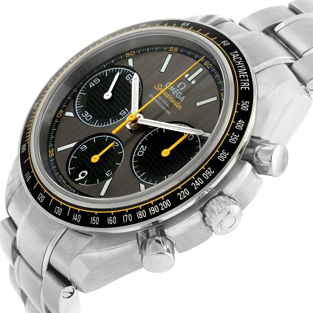 The Omega Speedmaster 326.30.40.50.06.001 Men
s Stainless Steel Grey Dial 326.30.40.50.06.001 Men
s Stainless Steel Grey Dial watch is shown from an angled side view, displaying the face, dials, tachymeter bezel, and stainless steel bracelet.