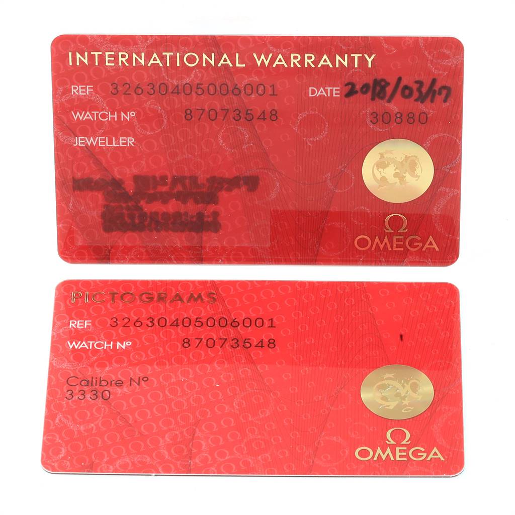 The image shows an international warranty card and a pictogram card for the Omega Speedmaster 326.30.40.50.06.001 Men
s Stainless Steel Grey Dial 326.30.40.50.06.001 Men
s Stainless Steel Grey Dial watch model.