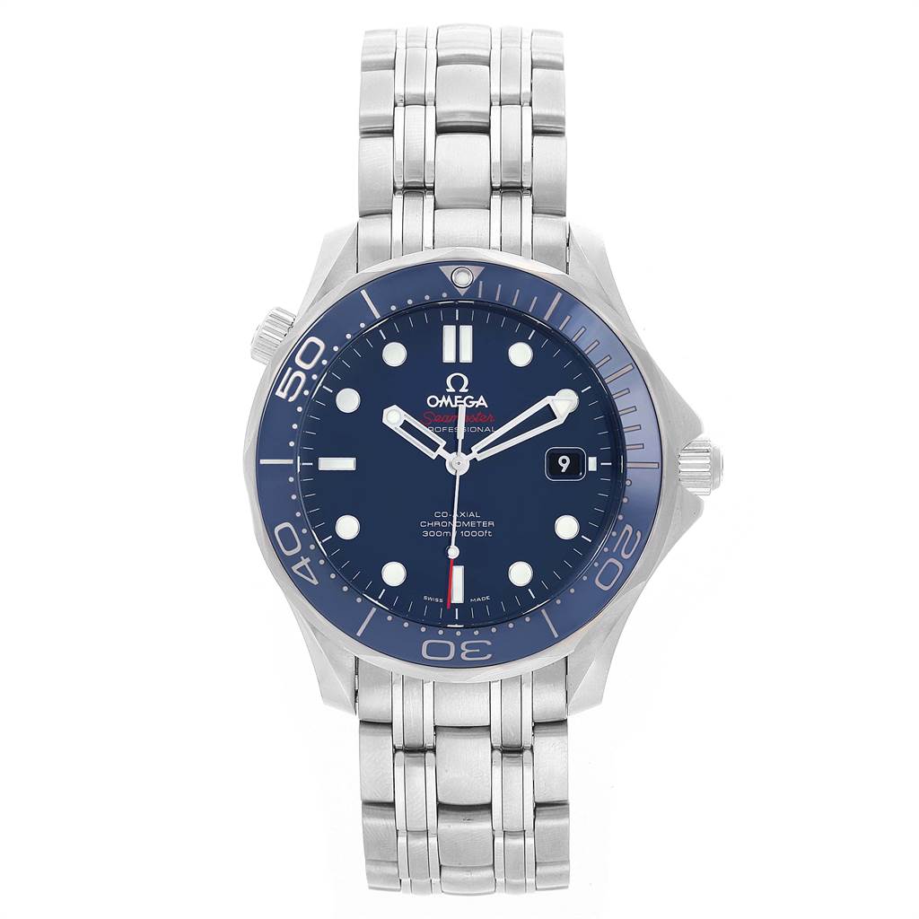 The Omega Speedmaster 212.30.41.20.03.001 Men
s Stainless Steel Blue Dial 212.30.41.20.03.001 Men
s Stainless Steel Blue Dial watch is shown from a front angle, displaying its blue dial, bezel, silver bracelet, and date window.