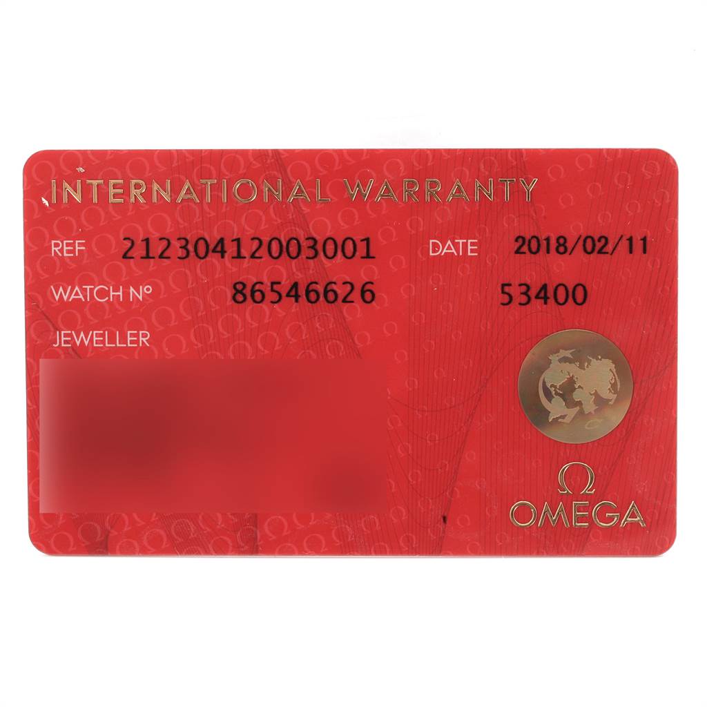 The image shows the international warranty card for the Omega Speedmaster 212.30.41.20.03.001 Men
s Stainless Steel Blue Dial 212.30.41.20.03.001 Men
s Stainless Steel Blue Dial watch model.