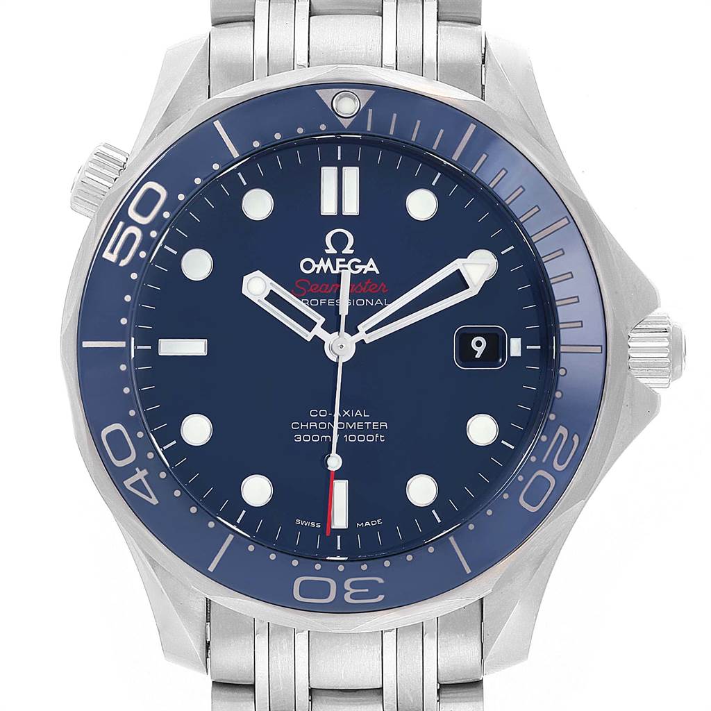 The image shows a frontal view of the Omega Speedmaster 212.30.41.20.03.001 Men
s Stainless Steel Blue Dial 212.30.41.20.03.001 Men
s Stainless Steel Blue Dial watch, displaying the dial, bezel, and part of the bracelet.