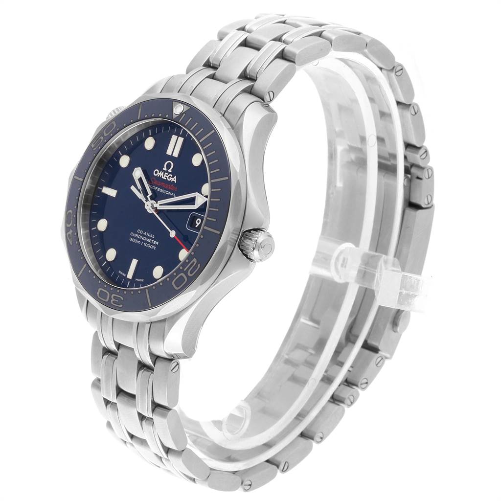 The image shows a side-angle view of the Omega Speedmaster 212.30.41.20.03.001 Men
s Stainless Steel Blue Dial 212.30.41.20.03.001 Men
s Stainless Steel Blue Dial watch, highlighting its face, bezel, crown, and bracelet.