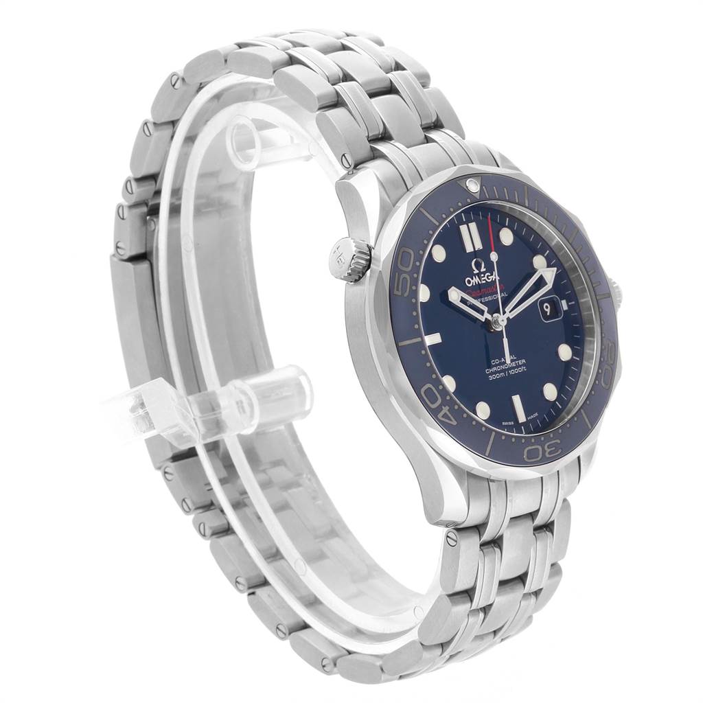 The Omega Speedmaster 212.30.41.20.03.001 Men
s Stainless Steel Blue Dial 212.30.41.20.03.001 Men
s Stainless Steel Blue Dial watch is shown in a side angle, highlighting its stainless steel bracelet and blue dial.