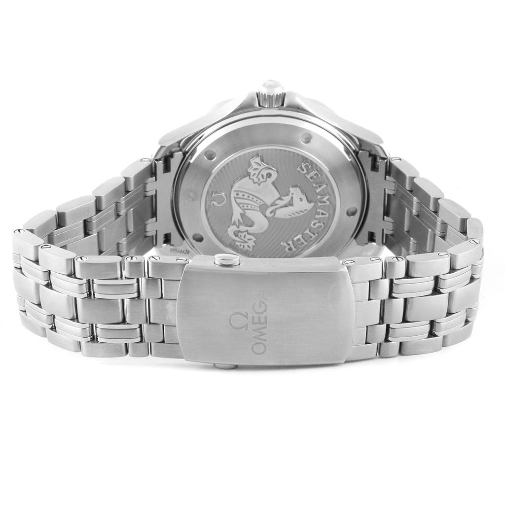 The image shows the back view of an Omega Speedmaster 212.30.41.20.03.001 Men
s Stainless Steel Blue Dial 212.30.41.20.03.001 Men
s Stainless Steel Blue Dial watch, highlighting the case back and metal bracelet with clasp.