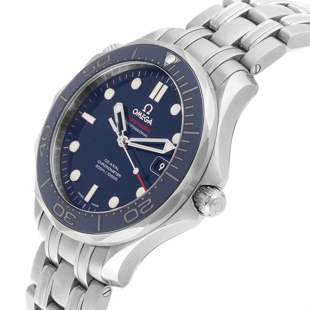 The image shows an angled view of the Omega Speedmaster 212.30.41.20.03.001 Men
s Stainless Steel Blue Dial 212.30.41.20.03.001 Men
s Stainless Steel Blue Dial watch displaying the dial, bezel, and stainless steel bracelet.
