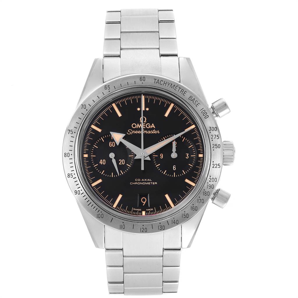 The image shows a front view of the Omega Speedmaster 331.10.42.51.01.002 Men's Stainless Steel Black Dial 331.10.42.51.01.002 Men's Stainless Steel Black Dial watch, highlighting its face, bezel, chronograph buttons, and bracelet.