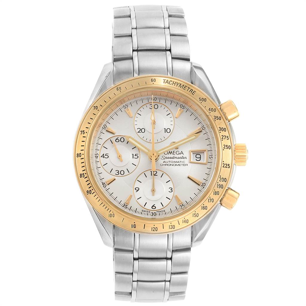 The image shows a front view of an Omega Speedmaster 323.21.40.40.02.001 Men
s Steel and Gold (two tone) Silver Dial 323.21.40.40.02.001 Men
s Steel and Gold (two tone) Silver Dial watch, highlighting the dial, case, and stainless steel bracelet.