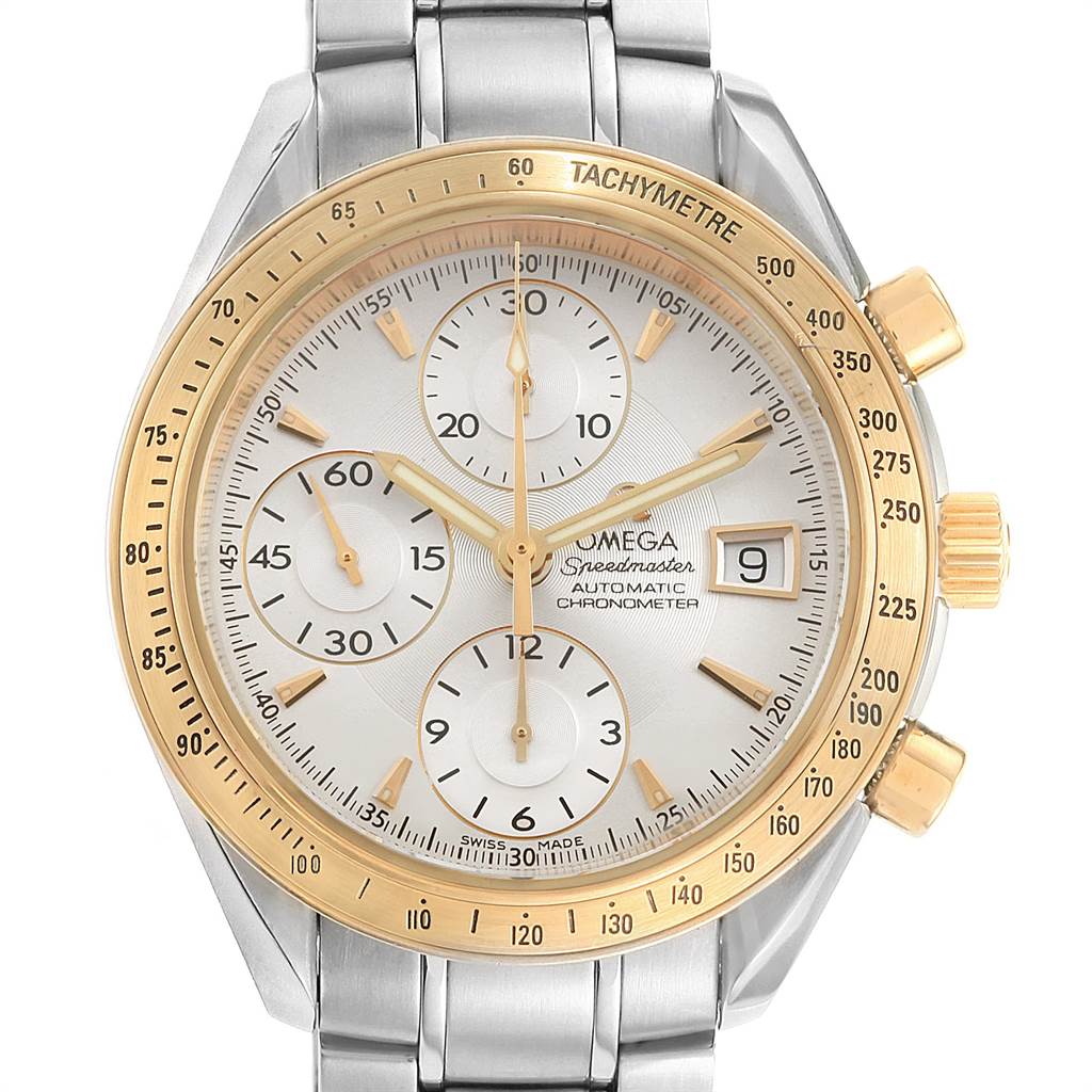 The Omega Speedmaster 323.21.40.40.02.001 Men
s Steel and Gold (two tone) Silver Dial 323.21.40.40.02.001 Men
s Steel and Gold (two tone) Silver Dial watch is shown from the front, featuring a silver and gold bezel, tachymeter, chronograph subdials, and a date window.