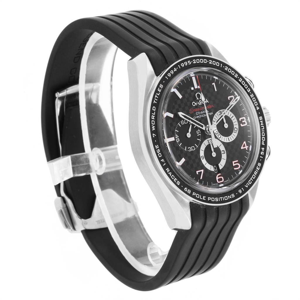 The image shows an angled view of the Omega Speedmaster 321.32.44.50.01.001 Men's Stainless Steel Black Dial 321.32.44.50.01.001 Men's Stainless Steel Black Dial watch, highlighting the face, bezel, crown, and black strap.