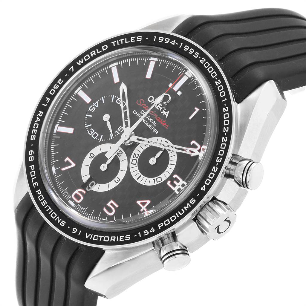 The image shows an angled view of an Omega Speedmaster 321.32.44.50.01.001 Men's Stainless Steel Black Dial 321.32.44.50.01.001 Men's Stainless Steel Black Dial watch, highlighting its black dial, chronograph subdials, and push buttons.