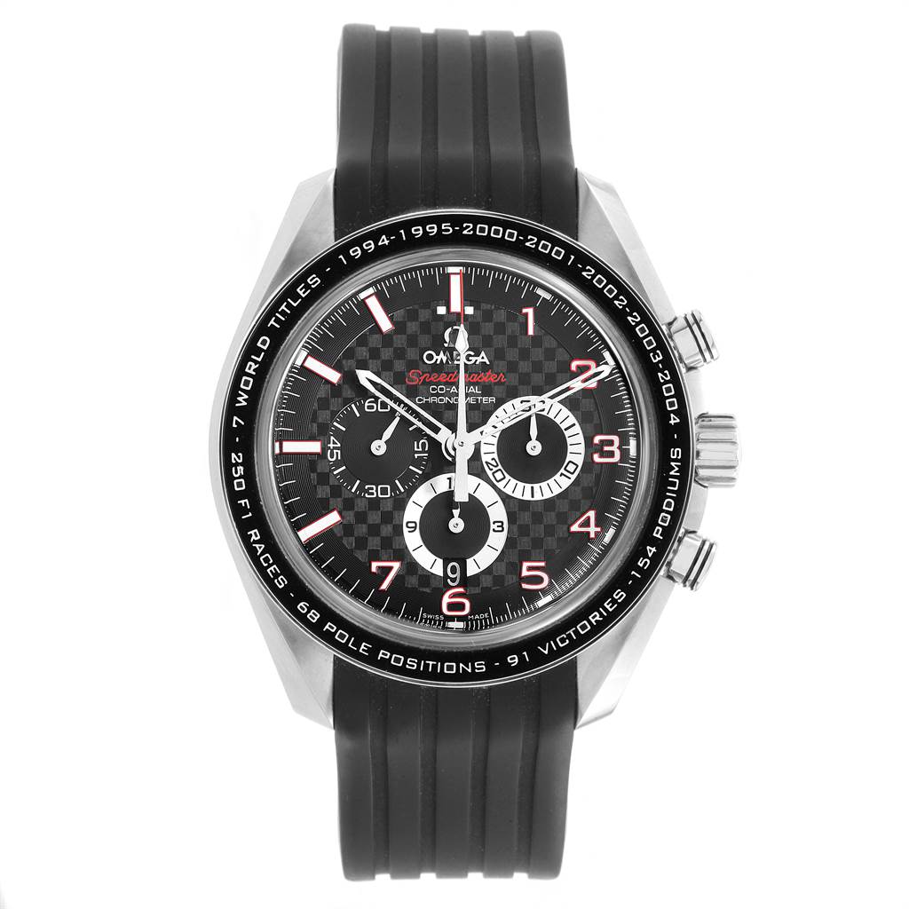The Omega Speedmaster 321.32.44.50.01.001 Men's Stainless Steel Black Dial 321.32.44.50.01.001 Men's Stainless Steel Black Dial watch is shown from a front angle, highlighting its face, bezel, and black rubber strap.