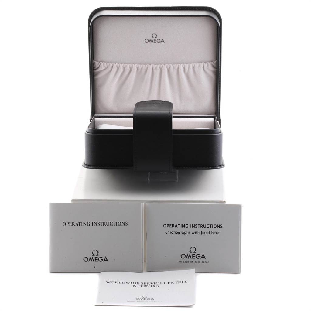 The image shows a black box for an Omega Speedmaster 321.32.44.50.01.001 Men's Stainless Steel Black Dial 321.32.44.50.01.001 Men's Stainless Steel Black Dial watch, accompanied by operating instructions and service center information.