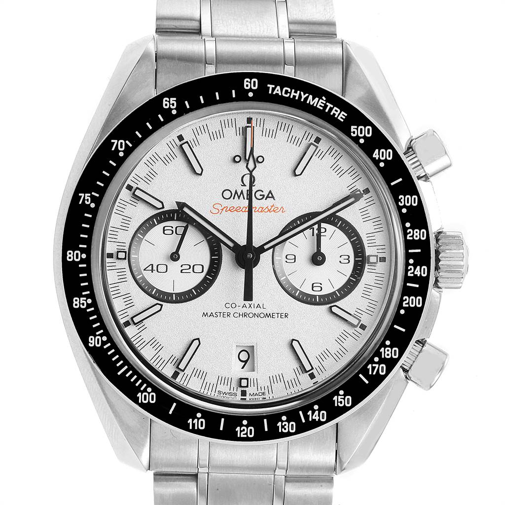 The image shows a front view of an Omega Speedmaster 329.30.44.51.04.001 Men
s Stainless Steel White Dial 329.30.44.51.04.001 Men
s Stainless Steel White Dial watch, displaying its dial, bezel, and chronograph subdials.