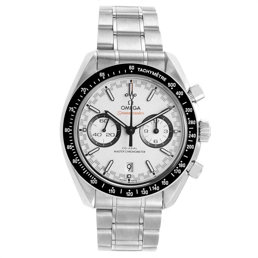 This image shows the front view of an Omega Speedmaster 329.30.44.51.04.001 Men
s Stainless Steel White Dial 329.30.44.51.04.001 Men
s Stainless Steel White Dial watch, highlighting its face, bezel, and stainless steel bracelet.