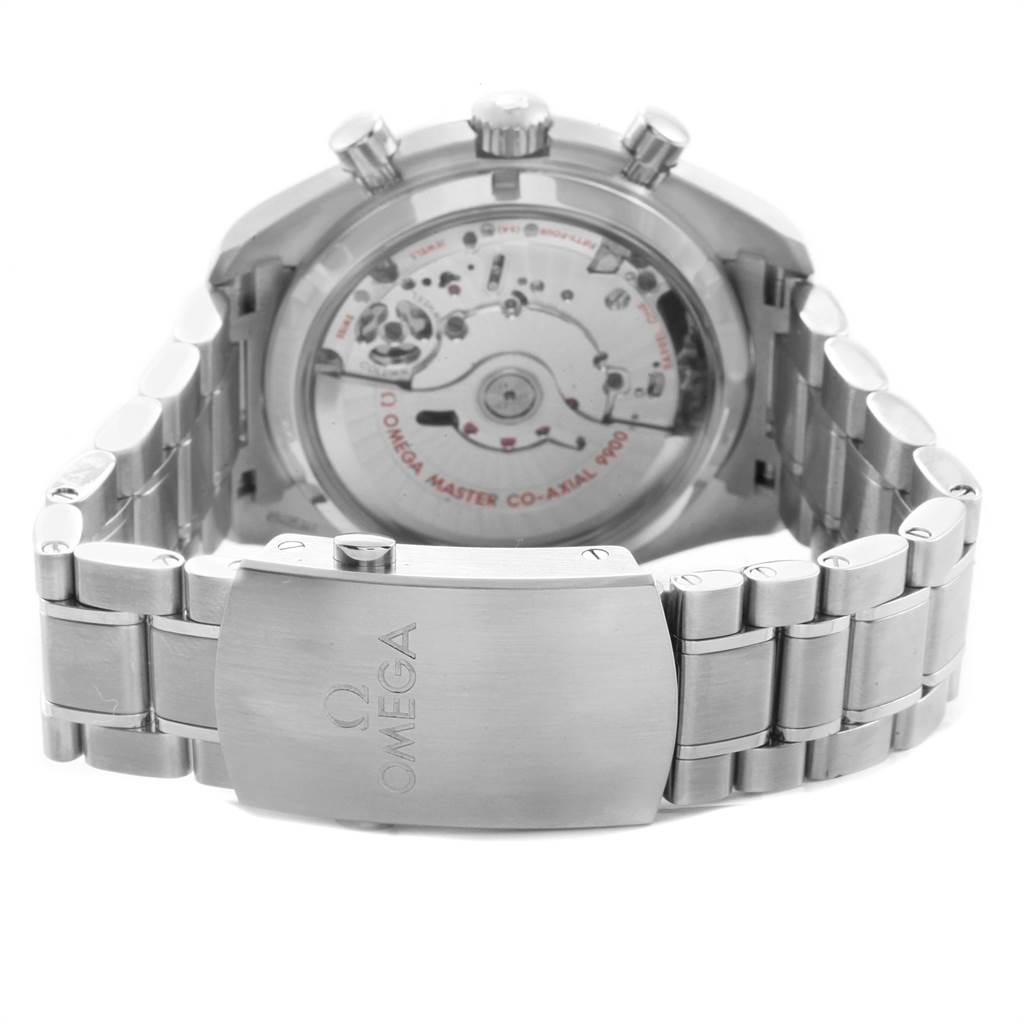 The image shows the back of the Omega Speedmaster 329.30.44.51.04.001 Men
s Stainless Steel White Dial 329.30.44.51.04.001 Men
s Stainless Steel White Dial watch, highlighting the movement and the bracelet with the Omega logo.