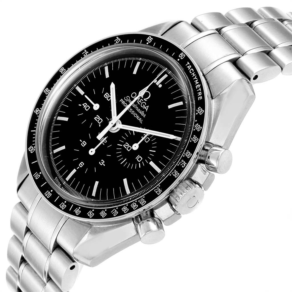 The image shows an angled view of the Omega Speedmaster 3570.50.00 Men's Stainless Steel Black Dial 3570.50.00 Men's Stainless Steel Black Dial watch highlighting its face, bezel, pushers, and stainless steel bracelet.