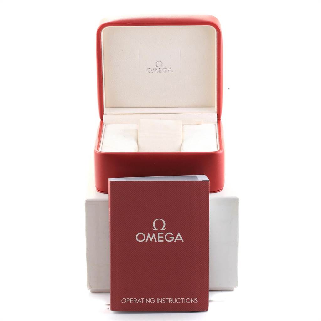 The image shows an Omega Speedmaster 3570.50.00 Men's Stainless Steel Black Dial 3570.50.00 Men's Stainless Steel Black Dial watch box and its operating instructions manual.