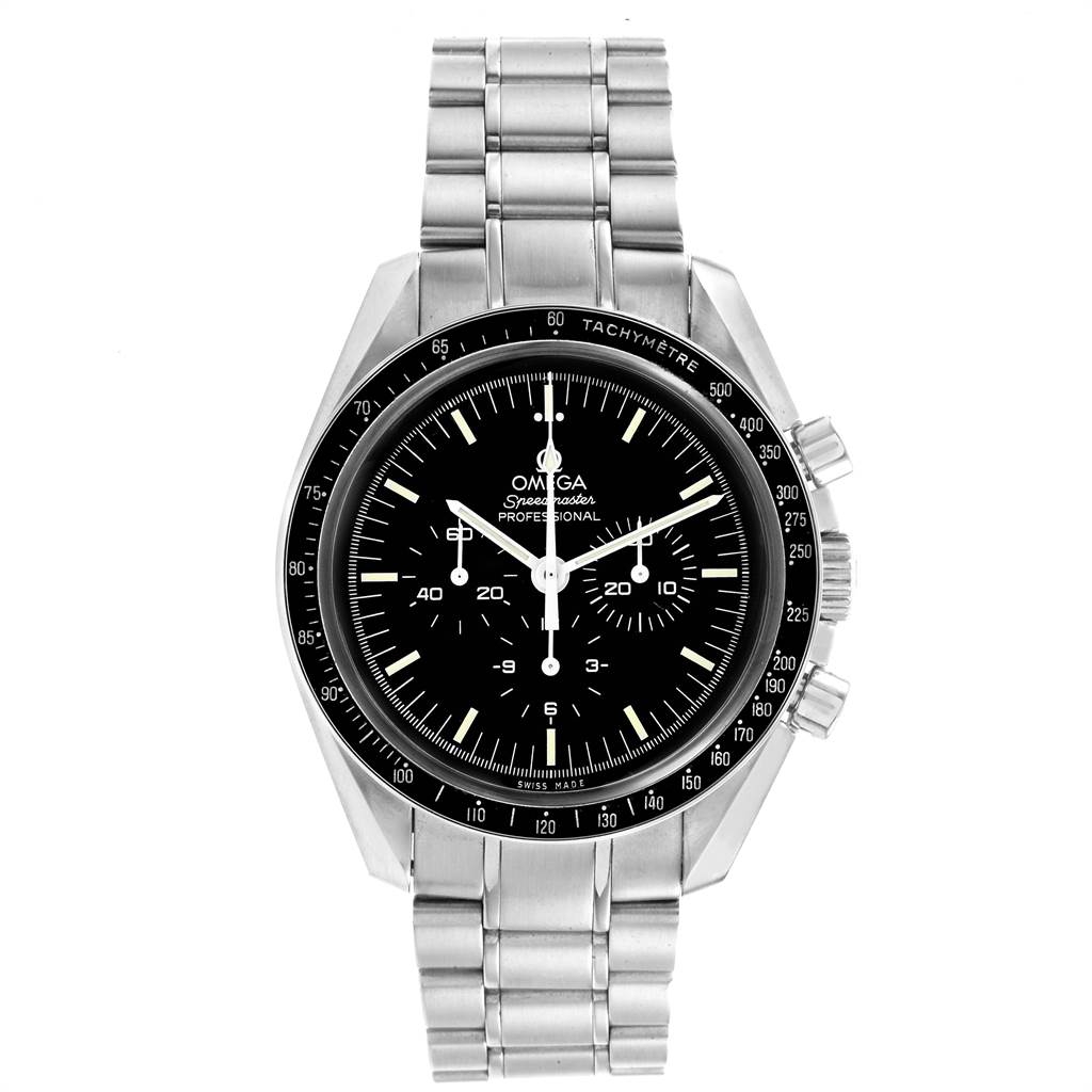 The image shows a front view of an Omega Speedmaster 3570.50.00 Men's Stainless Steel Black Dial 3570.50.00 Men's Stainless Steel Black Dial, highlighting its dial, bezel, and metal bracelet.