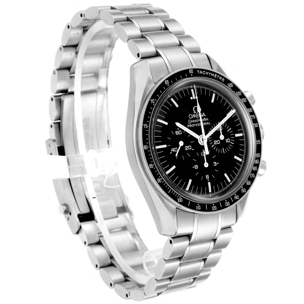 The Omega Speedmaster 3570.50.00 Men's Stainless Steel Black Dial 3570.50.00 Men's Stainless Steel Black Dial watch is shown at an angle highlighting its face, bezel, crown, and stainless steel bracelet.