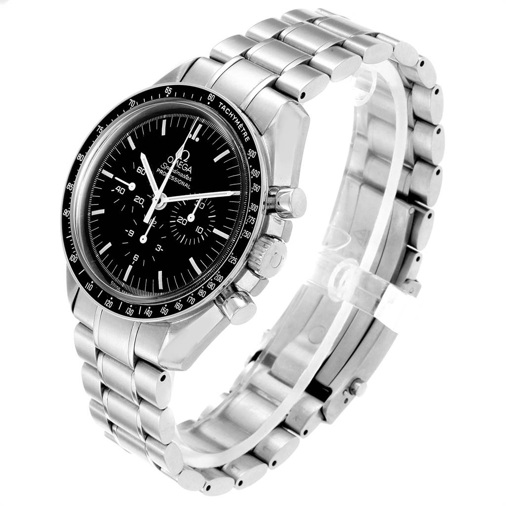 The Omega Speedmaster 3570.50.00 Men's Stainless Steel Black Dial 3570.50.00 Men's Stainless Steel Black Dial watch is shown at an angle highlighting the face, bezel, crown, pushers, and bracelet.