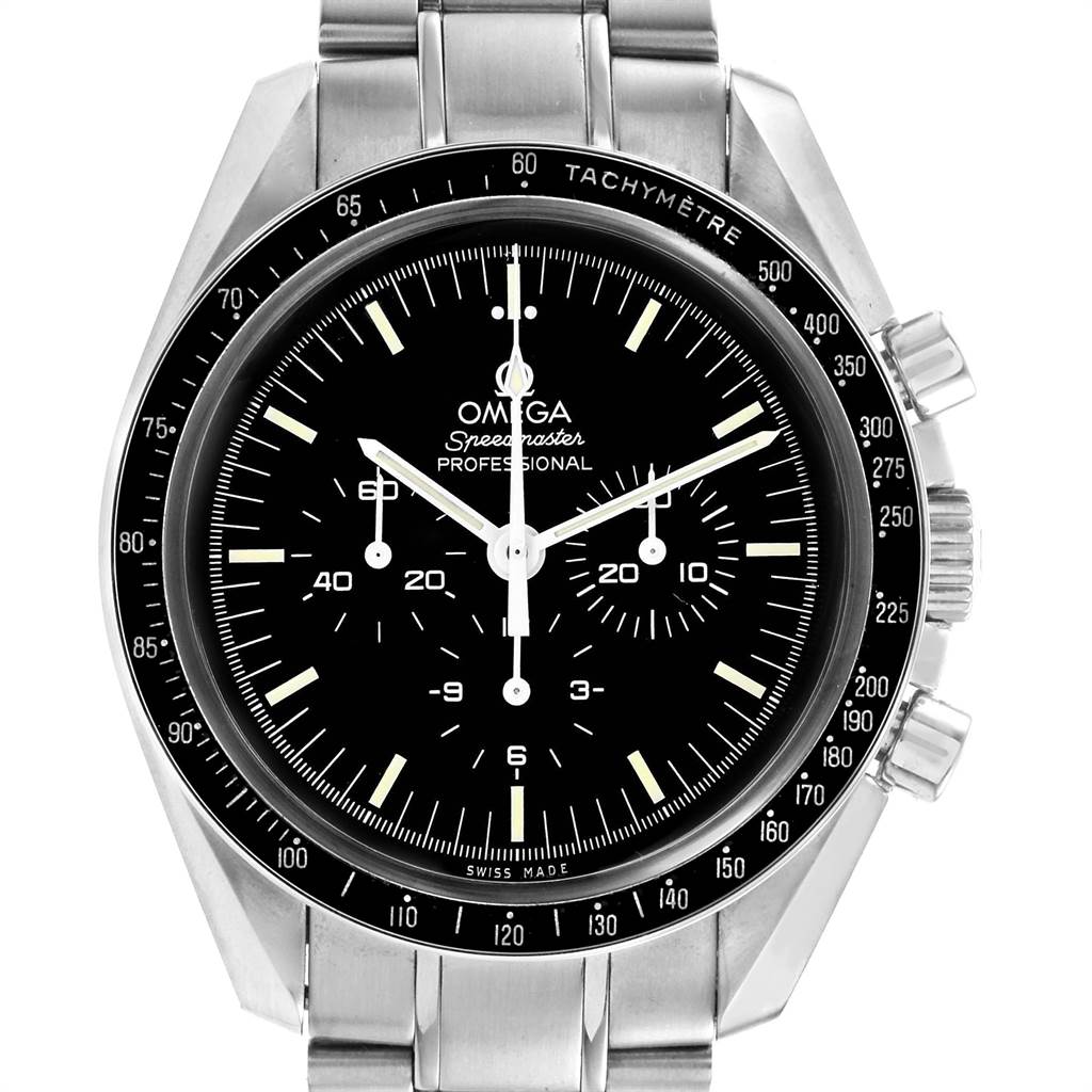 The Omega Speedmaster 3570.50.00 Men's Stainless Steel Black Dial 3570.50.00 Men's Stainless Steel Black Dial watch is shown from a front angle, displaying its face, bezel, dial, and chronograph pushers.