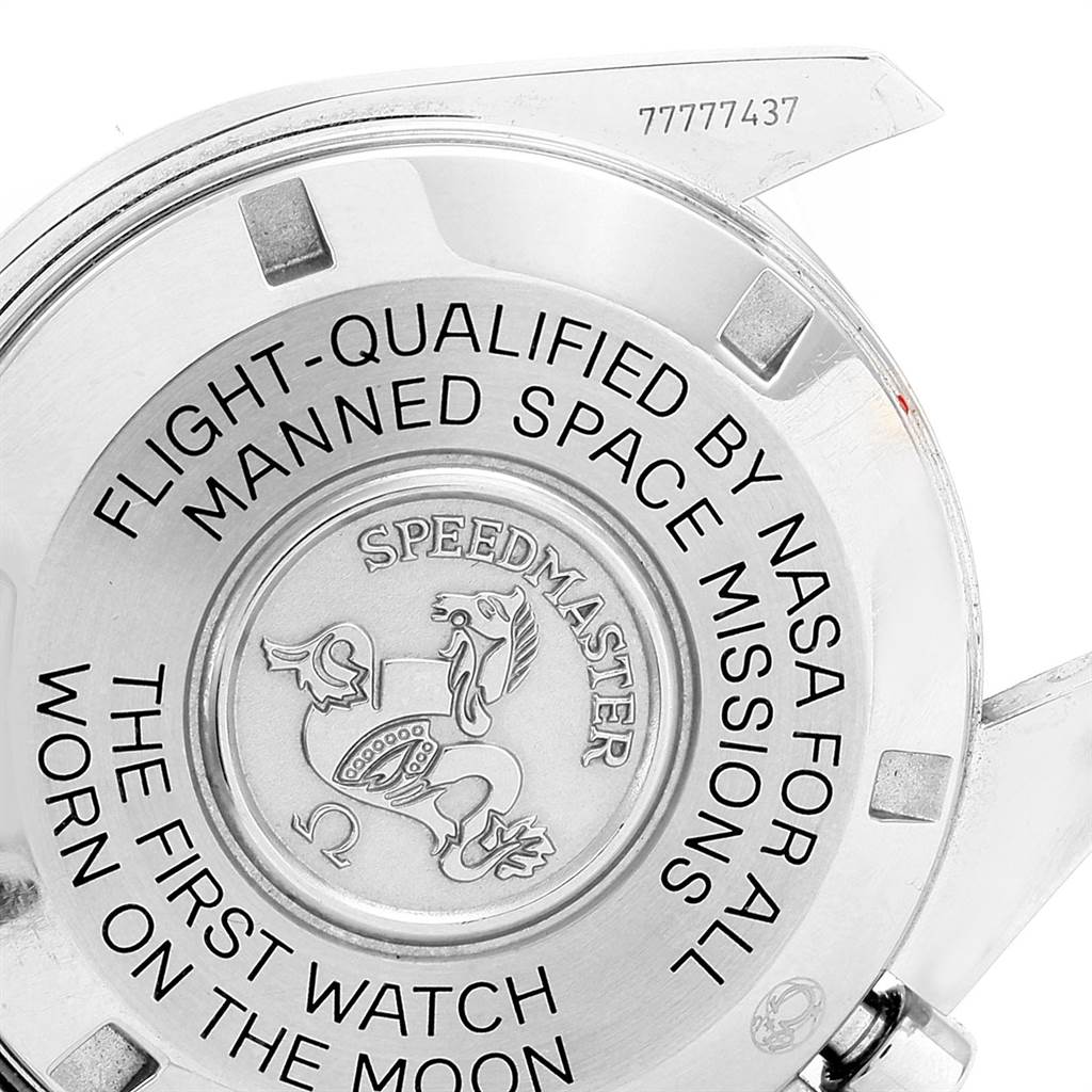 The image shows the back case of the Omega Speedmaster 3570.50.00 Men's Stainless Steel Black Dial 3570.50.00 Men's Stainless Steel Black Dial watch, highlighting the engraved text and model details.