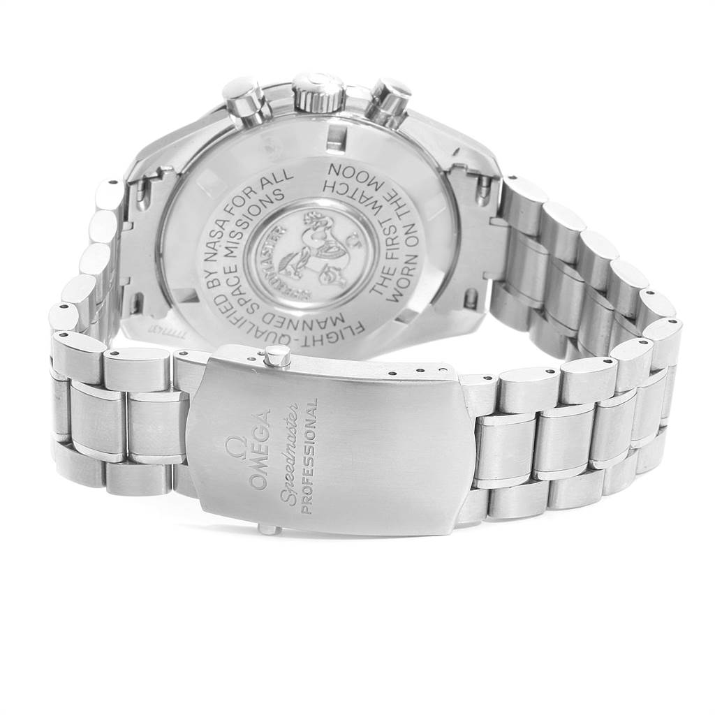 The image shows the back and bracelet of an Omega Speedmaster 3570.50.00 Men's Stainless Steel Black Dial 3570.50.00 Men's Stainless Steel Black Dial watch, highlighting the engraved case back and the clasp.