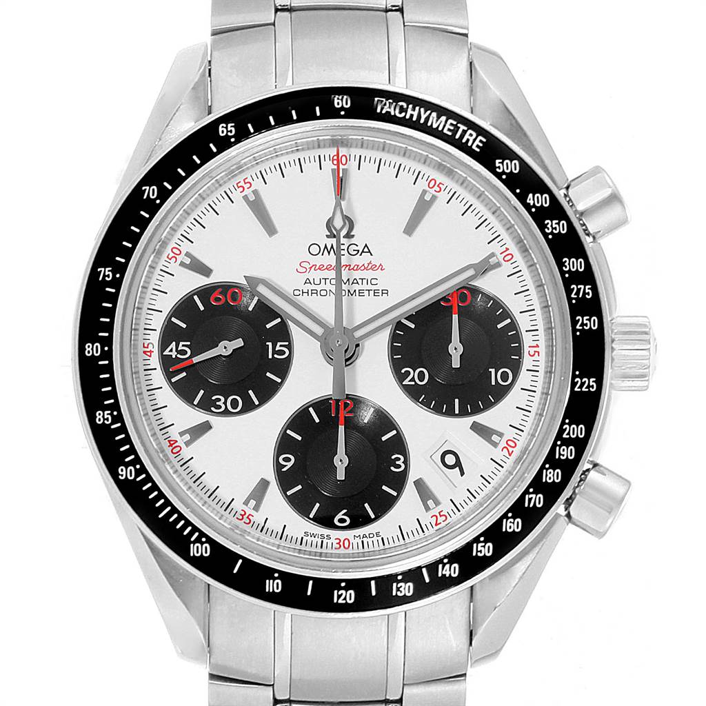 This is a front view of the Omega Speedmaster 323.30.40.40.04.001 Men
s Stainless Steel White Dial 323.30.40.40.04.001 Men
s Stainless Steel White Dial watch, showing the dial, chronograph subdials, tachymeter bezel, and stainless steel bracelet.