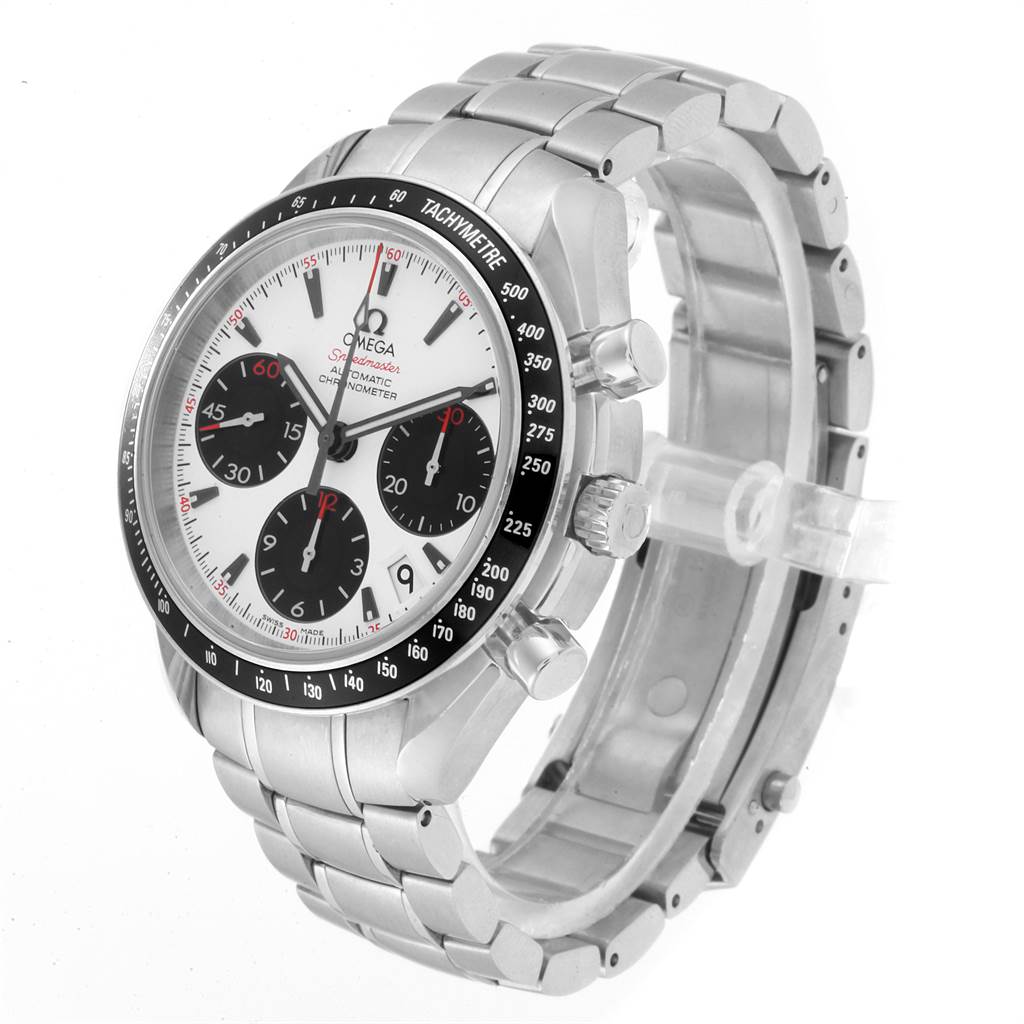 The Omega Speedmaster 323.30.40.40.04.001 Men
s Stainless Steel White Dial 323.30.40.40.04.001 Men
s Stainless Steel White Dial watch is shown at an angled side view, displaying its face, bezel, crown, pushers, and bracelet.