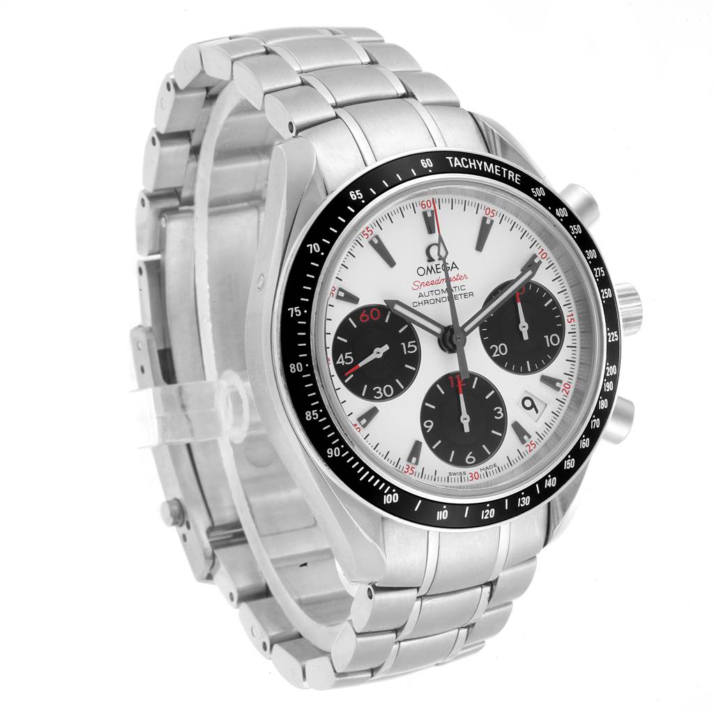 The Omega Speedmaster 323.30.40.40.04.001 Men
s Stainless Steel White Dial 323.30.40.40.04.001 Men
s Stainless Steel White Dial watch is shown at a slight angle, highlighting its bracelet, bezel, and dial with three sub-dials.
