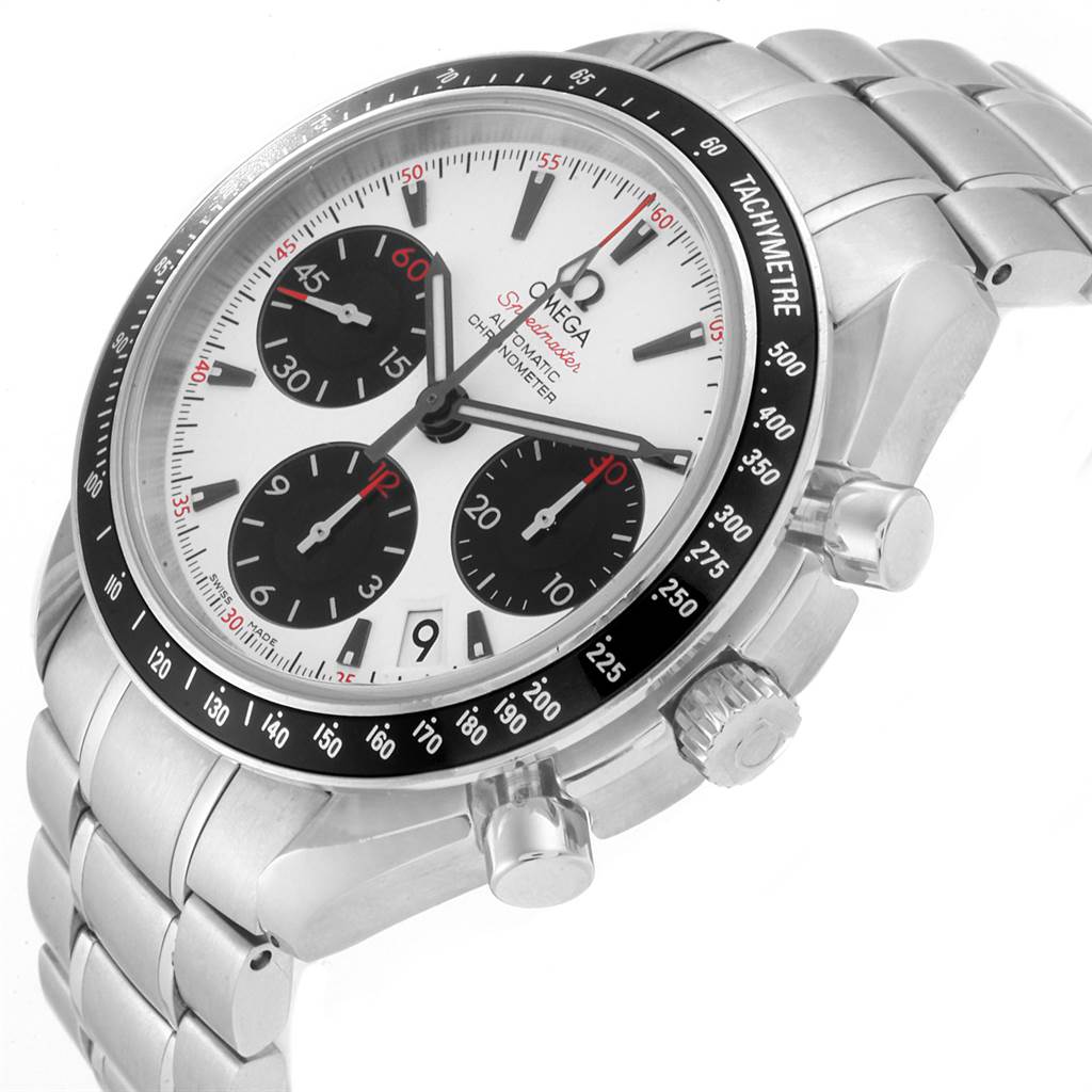 The image shows an Omega Speedmaster 323.30.40.40.04.001 Men
s Stainless Steel White Dial 323.30.40.40.04.001 Men
s Stainless Steel White Dial watch at an angled side view, displaying its face, bezel, and metal bracelet.