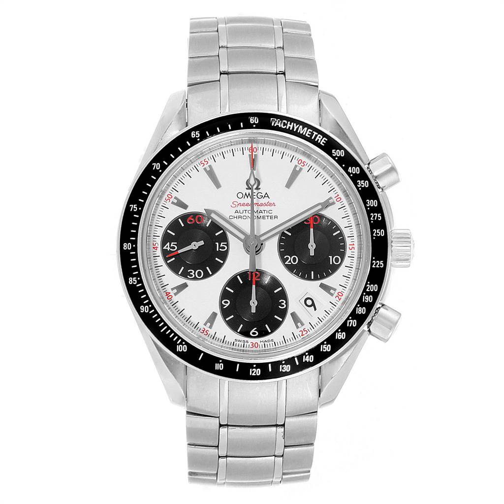 The Omega Speedmaster 323.30.40.40.04.001 Men
s Stainless Steel White Dial 323.30.40.40.04.001 Men
s Stainless Steel White Dial watch is shown from a top-down angle, displaying its face, bezel, and stainless steel bracelet.