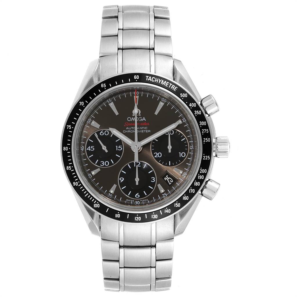 This image shows a front view of an Omega Speedmaster 323.30.40.40.06.001 Men
s Stainless Steel Grey Dial 323.30.40.40.06.001 Men
s Stainless Steel Grey Dial watch, highlighting its stainless steel band and chronograph dial.